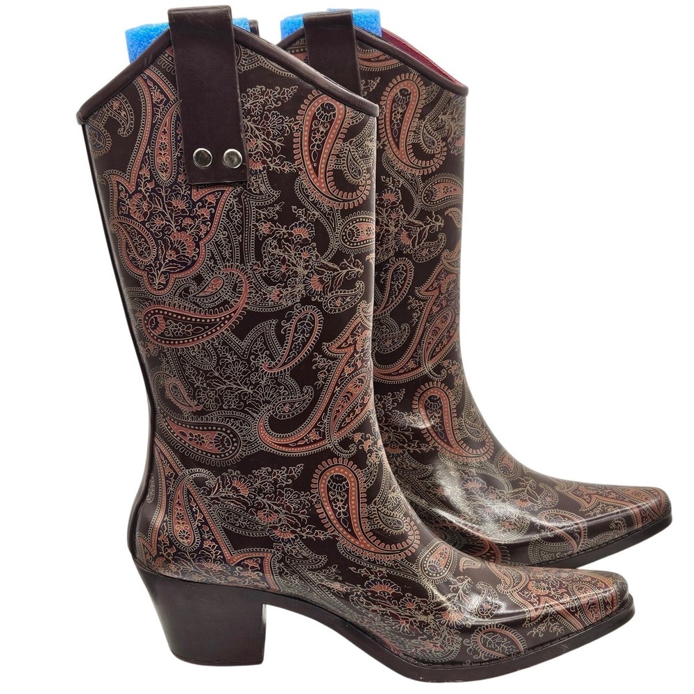 Capelli New York Womens Paisley Cowboy Rain Boots Brown Pointed Toe Mid Heel